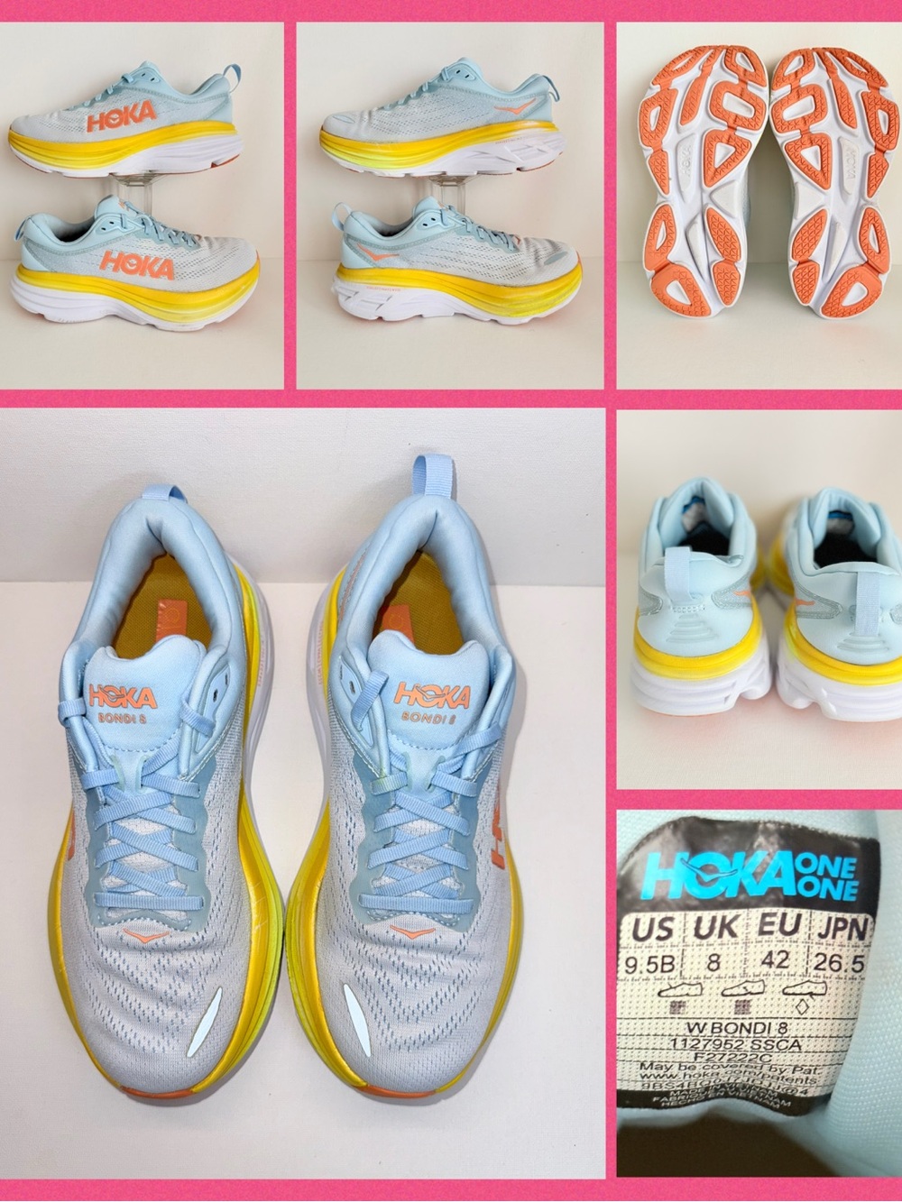 Hoka Bondi 8 Women's Running Shoes — Light Blue, Yellow & Orange